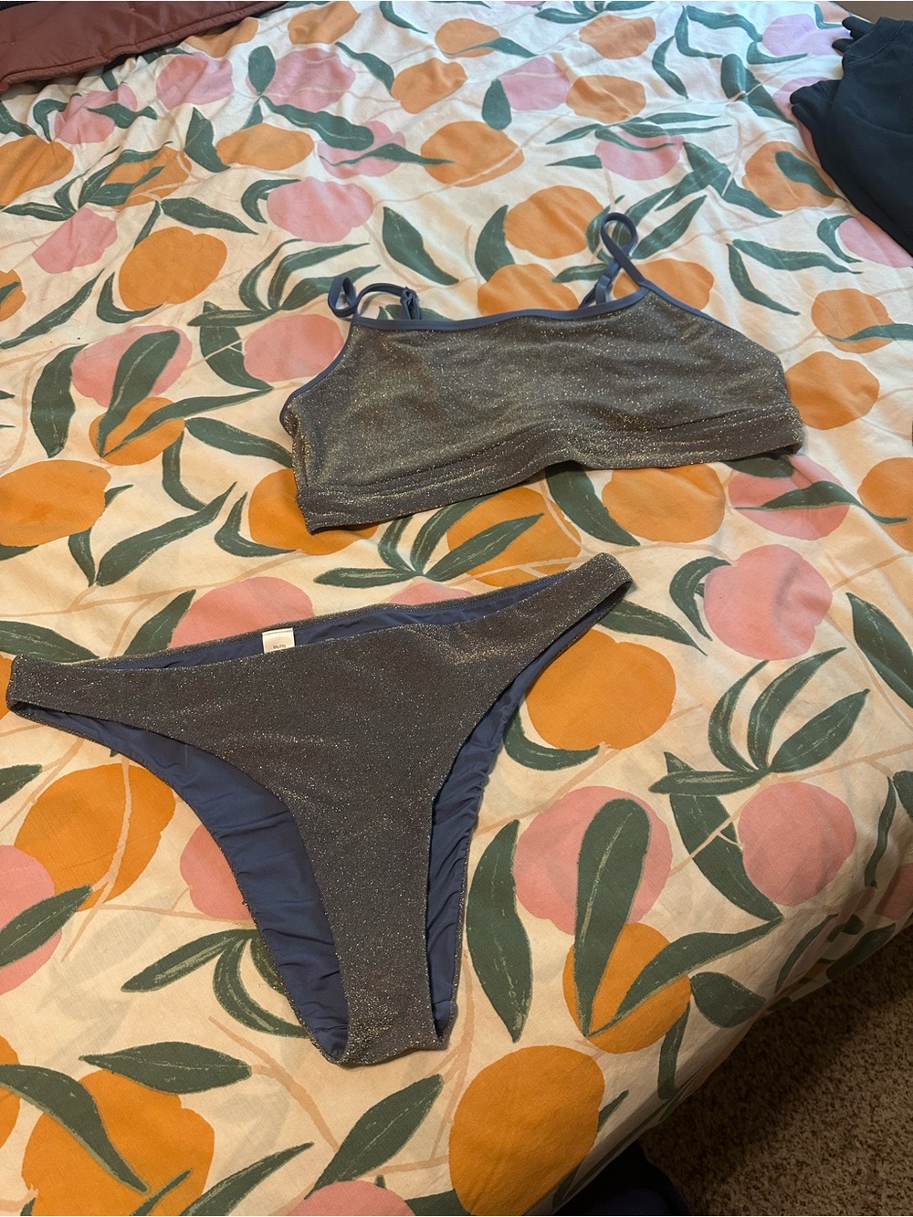 Aerie Blue gold Swimsuit bikini set size XXL
Bottoms size: XXL cheeky 
Top size: